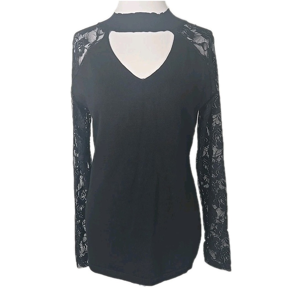 Questions Black High Neck Keyhole Lace Arm Knit Sweater Top Medium M